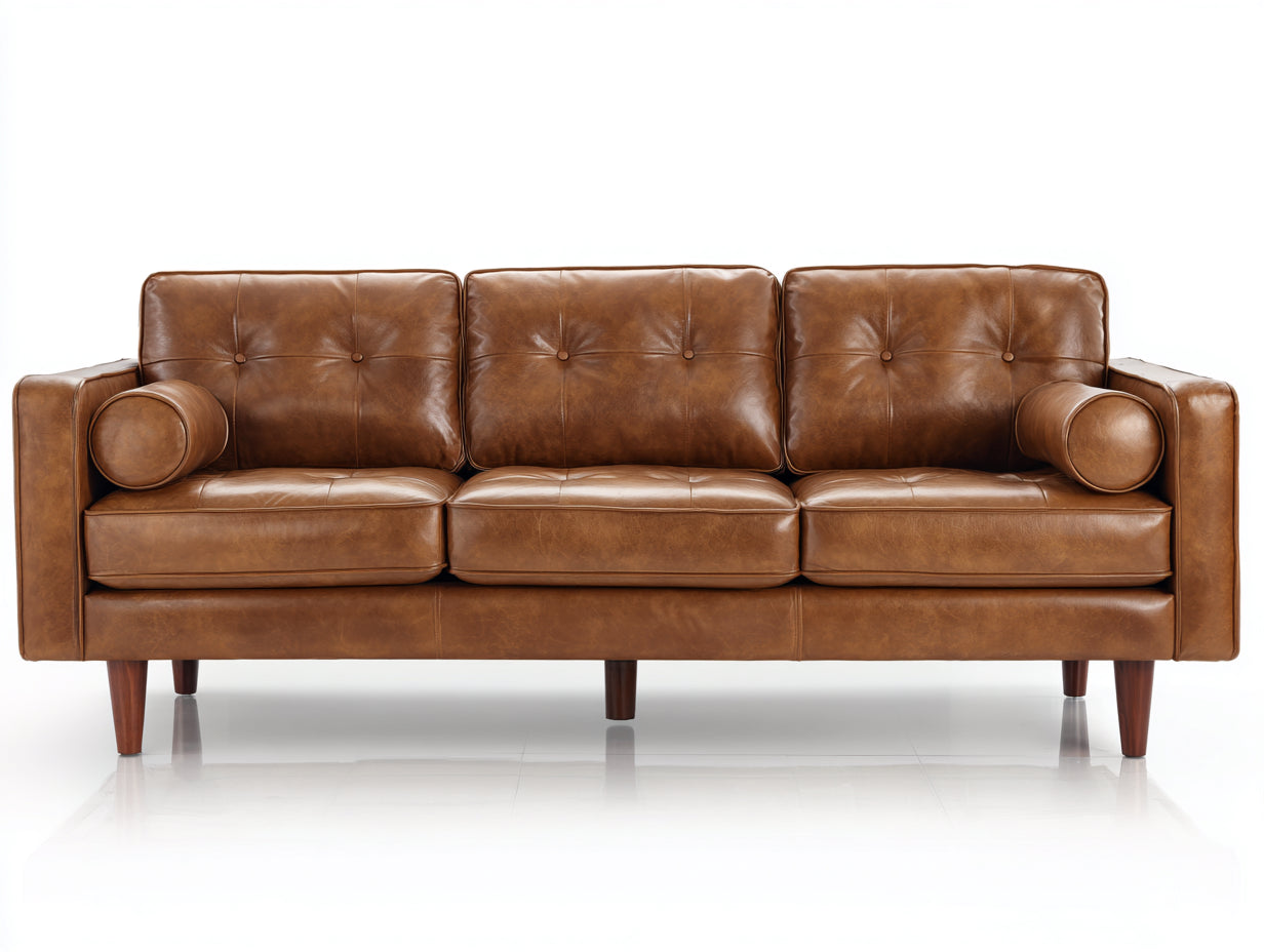 Divani a 3 posti - similpelle-legno - 224x86x80 cm - marrone cognac - vintage