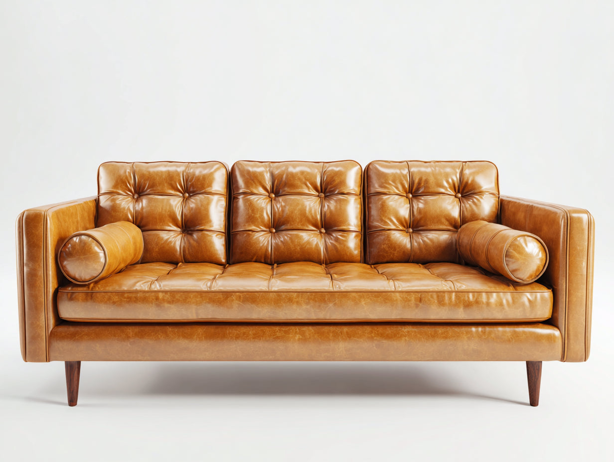 Divani a 3 posti - similpelle-legno - 220x85x78 cm - marrone cognac - vintage capitonné