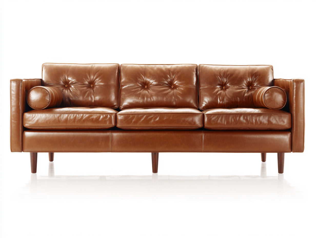 Divani a 3 posti - similpelle-legno - 218x84x79 cm - marrone cognac - vintage