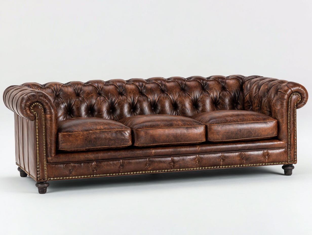 Divani a 3 posti - similpelle-legno-metallo - 232x94x78 cm - marrone scuro - chesterfield classico